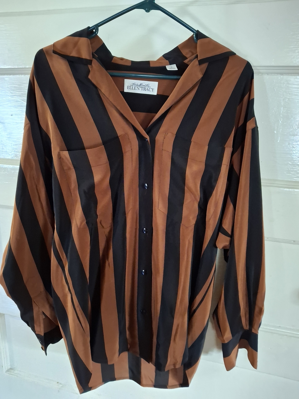 Ellen Tracy 100% Silk Brown Black Striped Blouse Size 4 (MIS 561)
